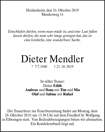 Traueranzeige von Dieter Mendler von Schwäbische Post