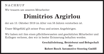 Traueranzeige von Dimitrios Argirlou von Gmünder Tagespost