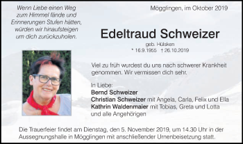Traueranzeige von Edeltraud Schweizer von Gmünder Tagespost