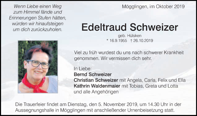  Traueranzeige für Edeltraud Schweizer vom 31.10.2019 aus Gmünder Tagespost