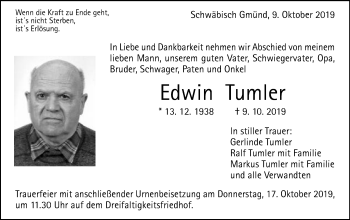 Traueranzeige von Edwin Tumler von Gmünder Tagespost