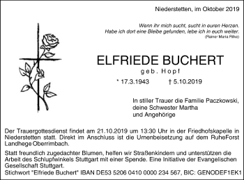 Traueranzeige von Elfriede Buchert von Gmünder Tagespost