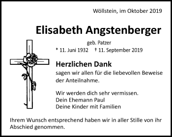 Traueranzeige von Elisabeth Angstenberger von Schwäbische Post