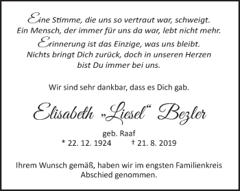 Traueranzeige von Elisabeth Bezler von Schwäbische Post