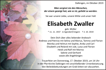 Traueranzeige von Elisabeth Zwaller von Schwäbische Post