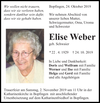 Traueranzeige von Elise Weber von Schwäbische Post