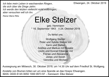 Traueranzeige von Elke Stelzer von Schwäbische Post