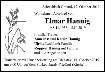 Traueranzeige von Elmar Hannig von Gmünder Tagespost