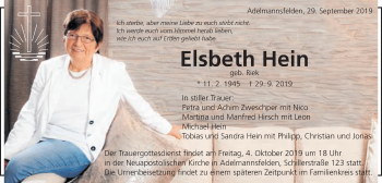 Traueranzeige von Elsbeth Hein von Schwäbische Post