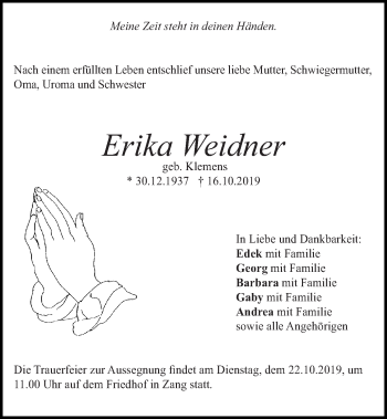 Traueranzeige von Erika Weidner von Schwäbische Post