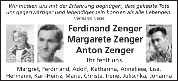 Traueranzeige von Ferdinand Margarete Anton Zenger von Schwäbische Post