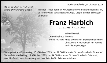 Traueranzeige von Franz Harbich von Schwäbische Post
