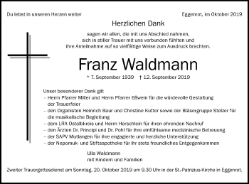 Traueranzeige von Franz Waldmann von Schwäbische Post