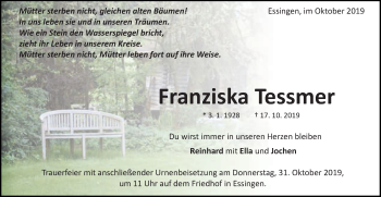 Traueranzeige von Franziska Tessmer von Schwäbische Post