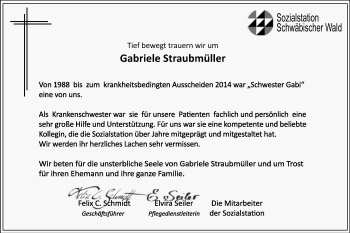 Traueranzeige von Gabriele Straubmüller von Gmünder Tagespost