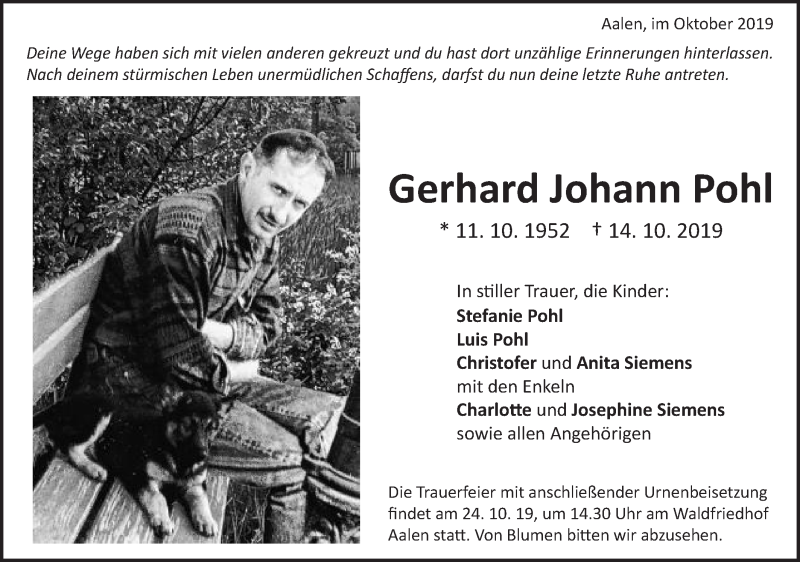  Traueranzeige für Gerhard Johann Pohl vom 19.10.2019 aus Schwäbische Post