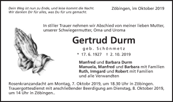 Traueranzeige von Gertrud Durm von Schwäbische Post