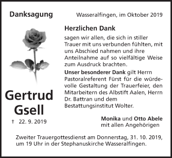 Traueranzeige von Gertrud Gsell von Schwäbische Post