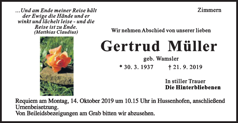  Traueranzeige für Gertrud Müller vom 10.10.2019 aus Gmünder Tagespost