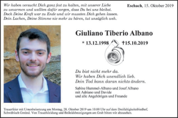 Traueranzeige von Giuliano Tiberio Albano von Gmünder Tagespost