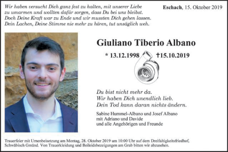  Traueranzeige für Giuliano Tiberio Albano vom 22.10.2019 aus Gmünder Tagespost