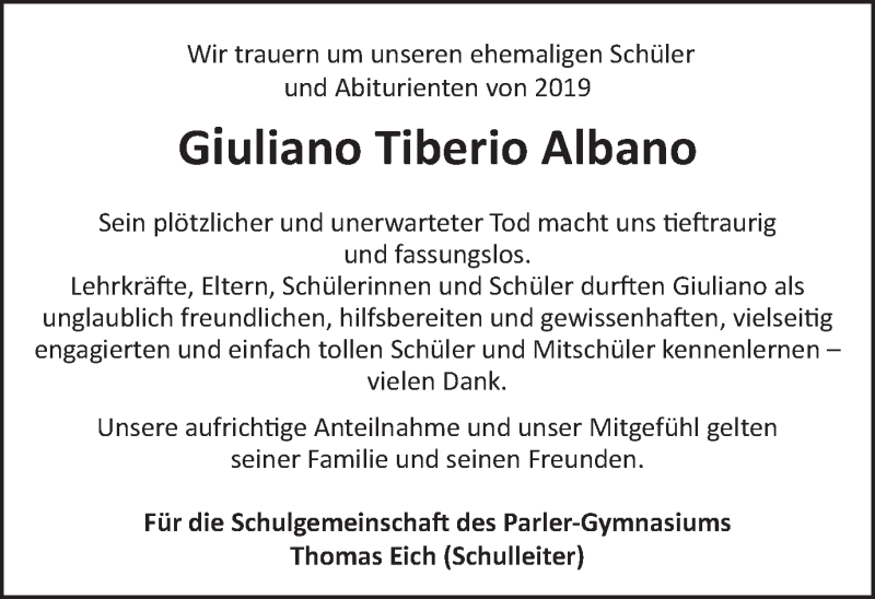  Traueranzeige für Giuliano Tiberio Albano vom 24.10.2019 aus Gmünder Tagespost