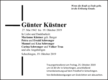 Traueranzeige von Günter Küstner von Schwäbische Post