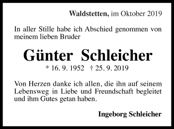 Traueranzeige von Günter Schleicher von Gmünder Tagespost