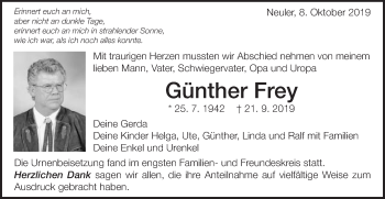 Traueranzeige von Günther Frey von Schwäbische Post