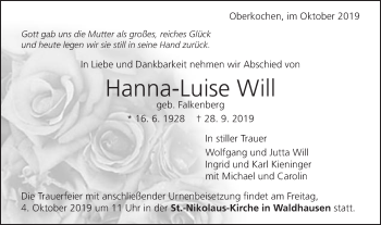 Traueranzeige von Hanna-Luise Will von Schwäbische Post