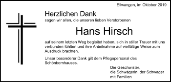 Traueranzeige von Hans Hirsch von Schwäbische Post