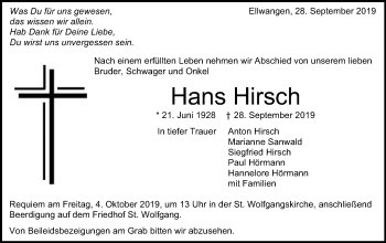 Traueranzeige von Hans Hirsch von Schwäbische Post