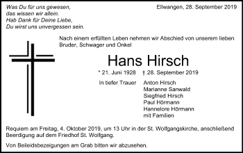 Traueranzeige von Hans Hirsch