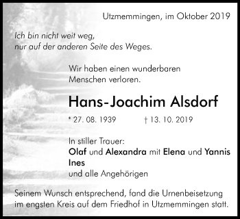 Traueranzeige von Hans-Joachim Alsdorf von Schwäbische Post