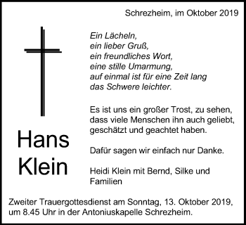 Traueranzeige von Hans Klein von Schwäbische Post