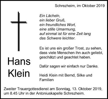 Traueranzeige von Hans Klein