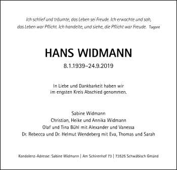 Traueranzeige von Hans Widmann von Gmünder Tagespost