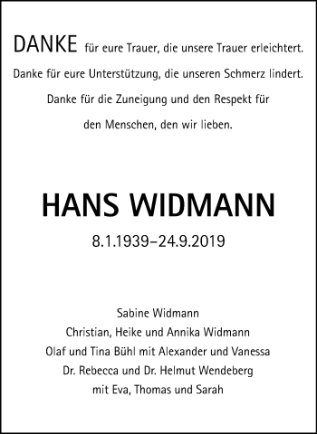 Traueranzeige von Hans Widmann von Gmünder Tagespost