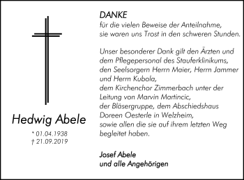 Traueranzeige von Hedwig Abele von Gmünder Tagespost