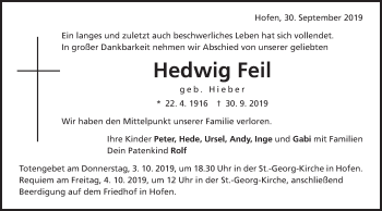 Traueranzeige von Hedwig Feil von Schwäbische Post