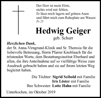 Traueranzeige von Hedwig Geiger von Schwäbische Post