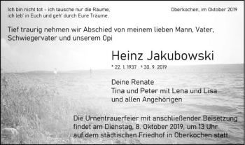 Traueranzeige von Heinz Jakubowski von Schwäbische Post