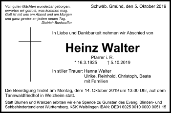 Traueranzeige von Heinz Walter von Gmünder Tagespost