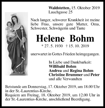 Traueranzeige von Helene Bohm von Gmünder Tagespost