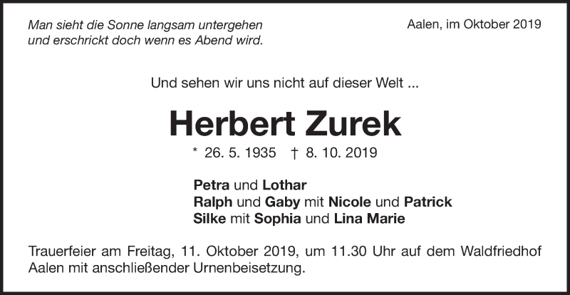  Traueranzeige für Herbert Zurek vom 10.10.2019 aus Schwäbische Post