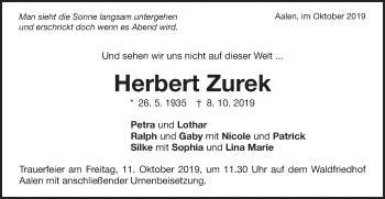 Traueranzeige von Herbert Zurek von Schwäbische Post