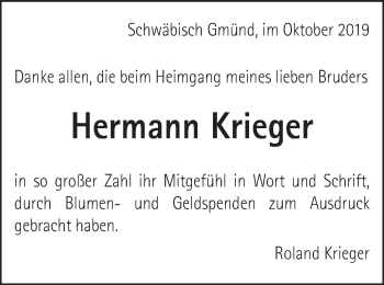 Traueranzeige von Hermann Krieger von Gmünder Tagespost