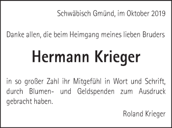 Traueranzeige von Hermann Krieger