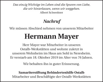 Traueranzeige von Hermann Mayer von Schwäbische Post