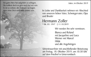 Traueranzeige von Hermann Zoller von Schwäbische Post
